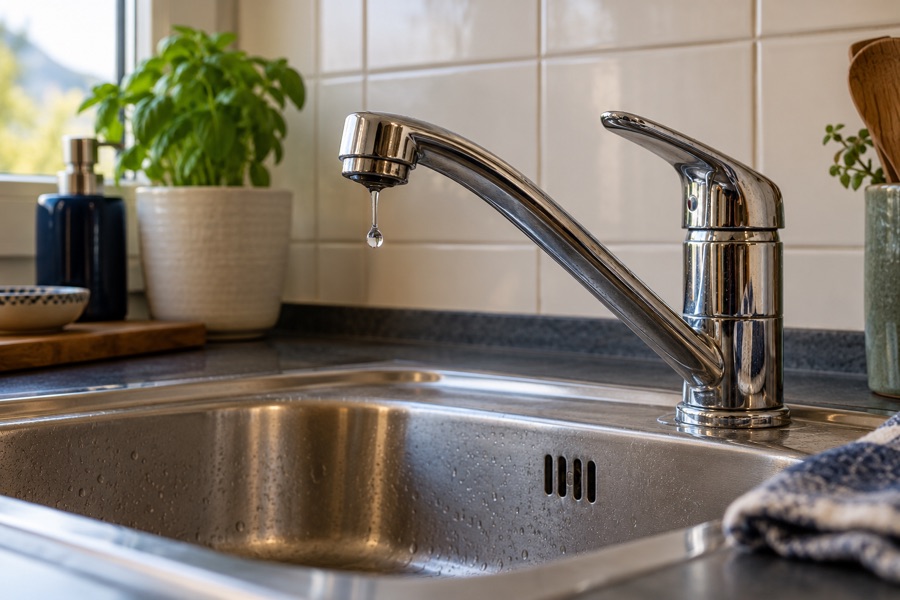 Ein Wassertropfen unter einer verchromten Küchenarmatur